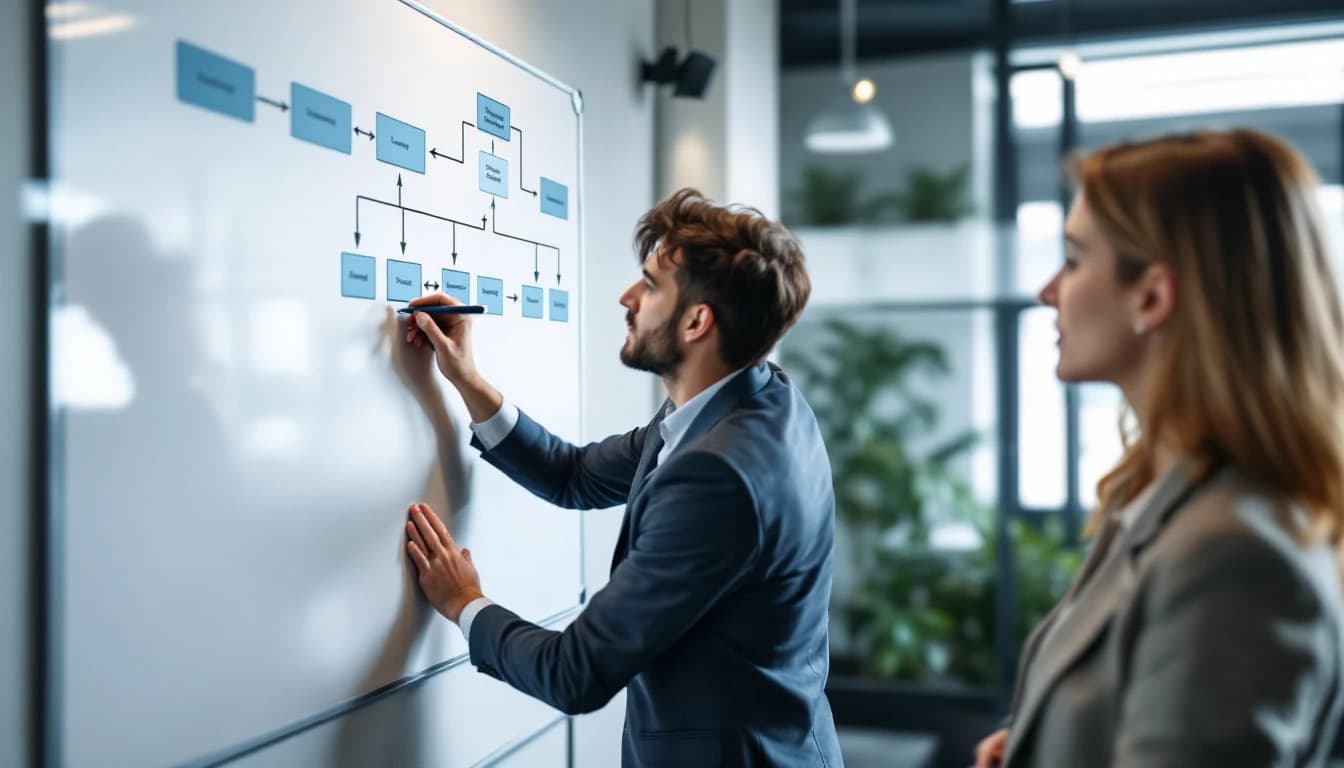 An operations manager tracing a data flow diagram on a whiteboard in a small office