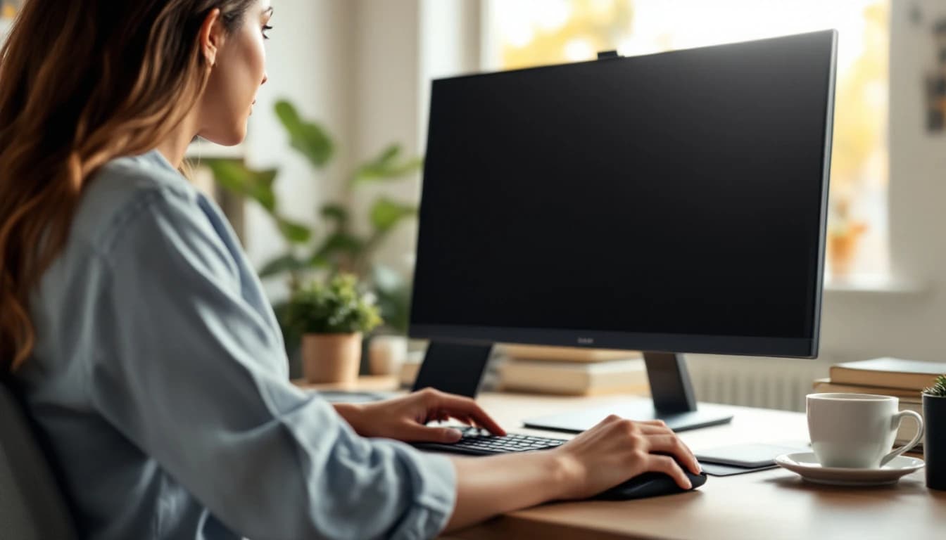 A woman working at a desktop computer in a bright home office, reviewing incoming enquiries