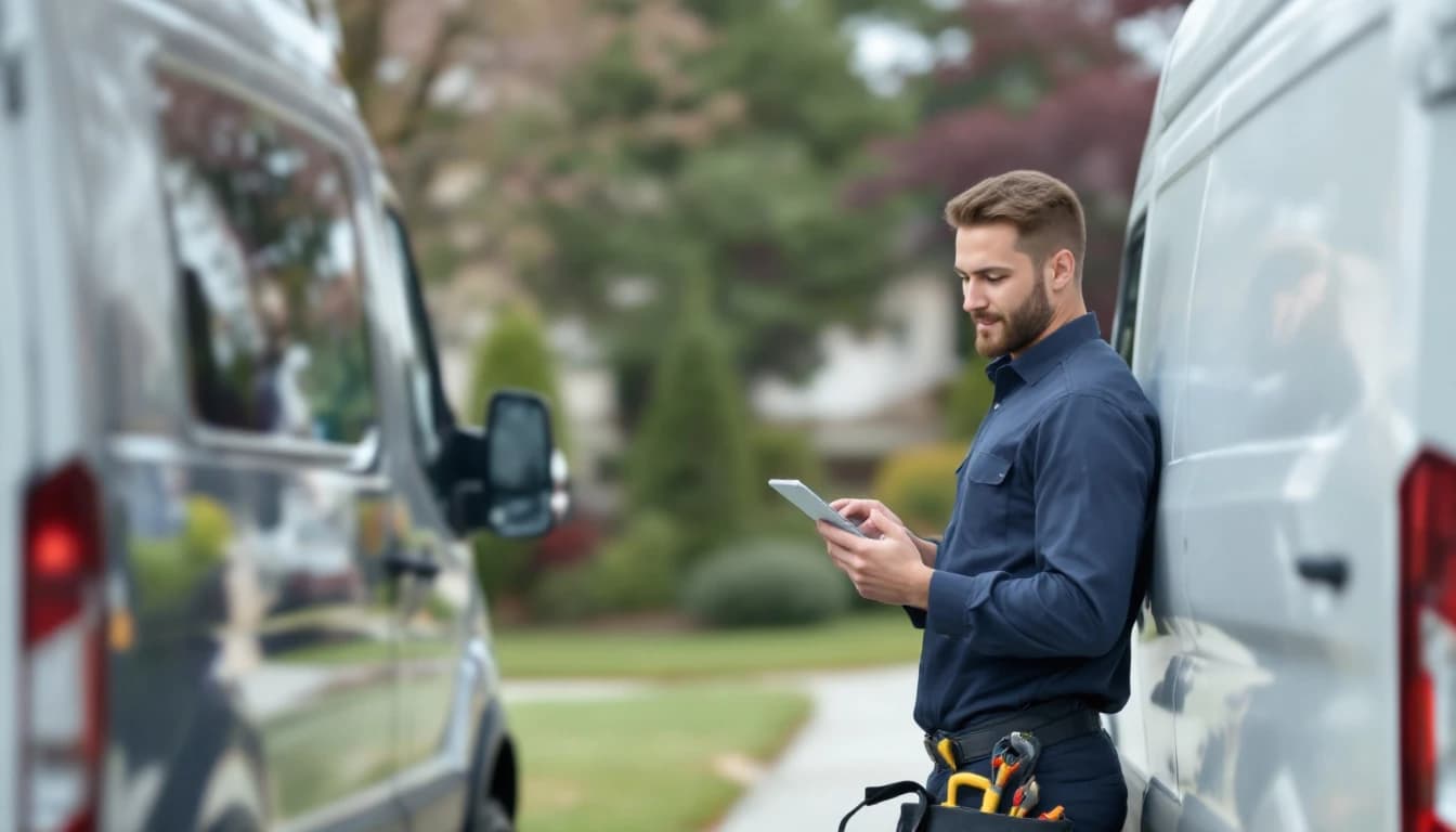 A service technician checking a job intake form on a tablet beside a work van