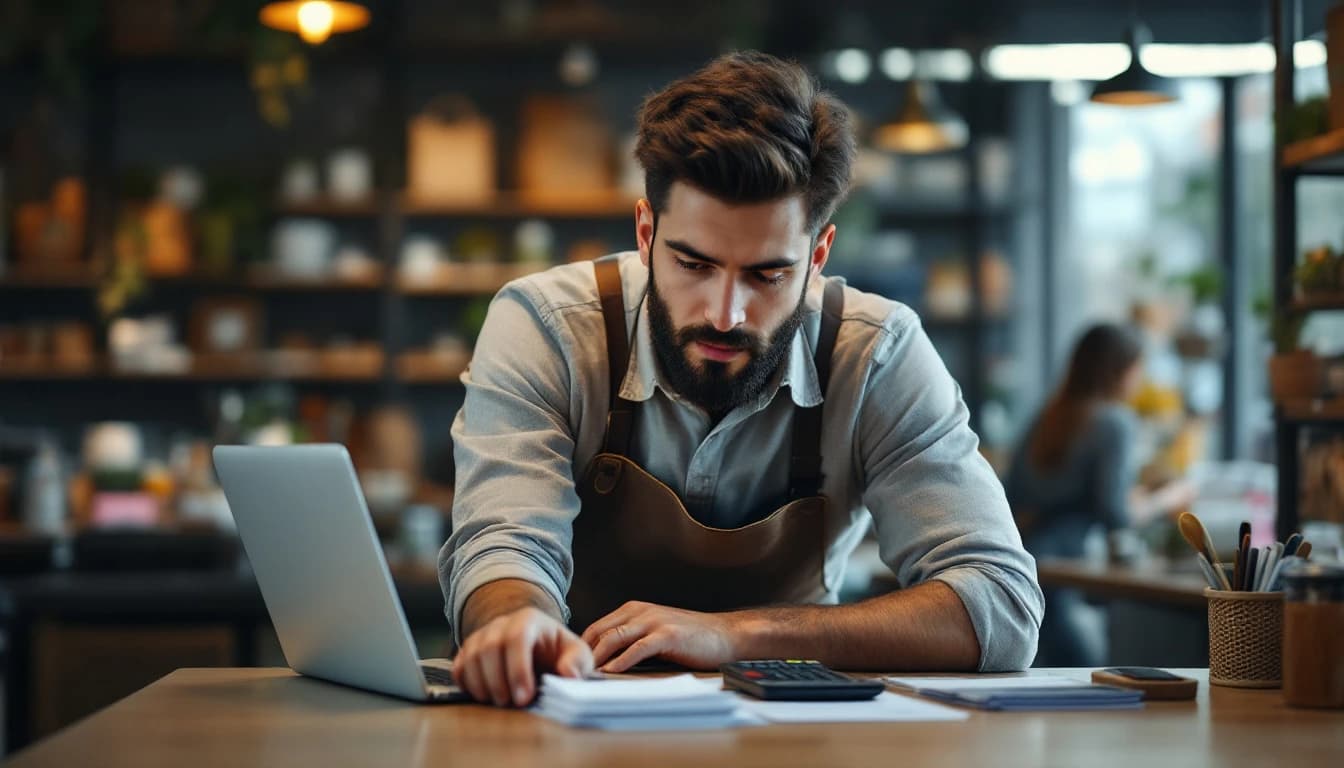 A small business owner reviewing software subscription costs on a laptop at a shop counter