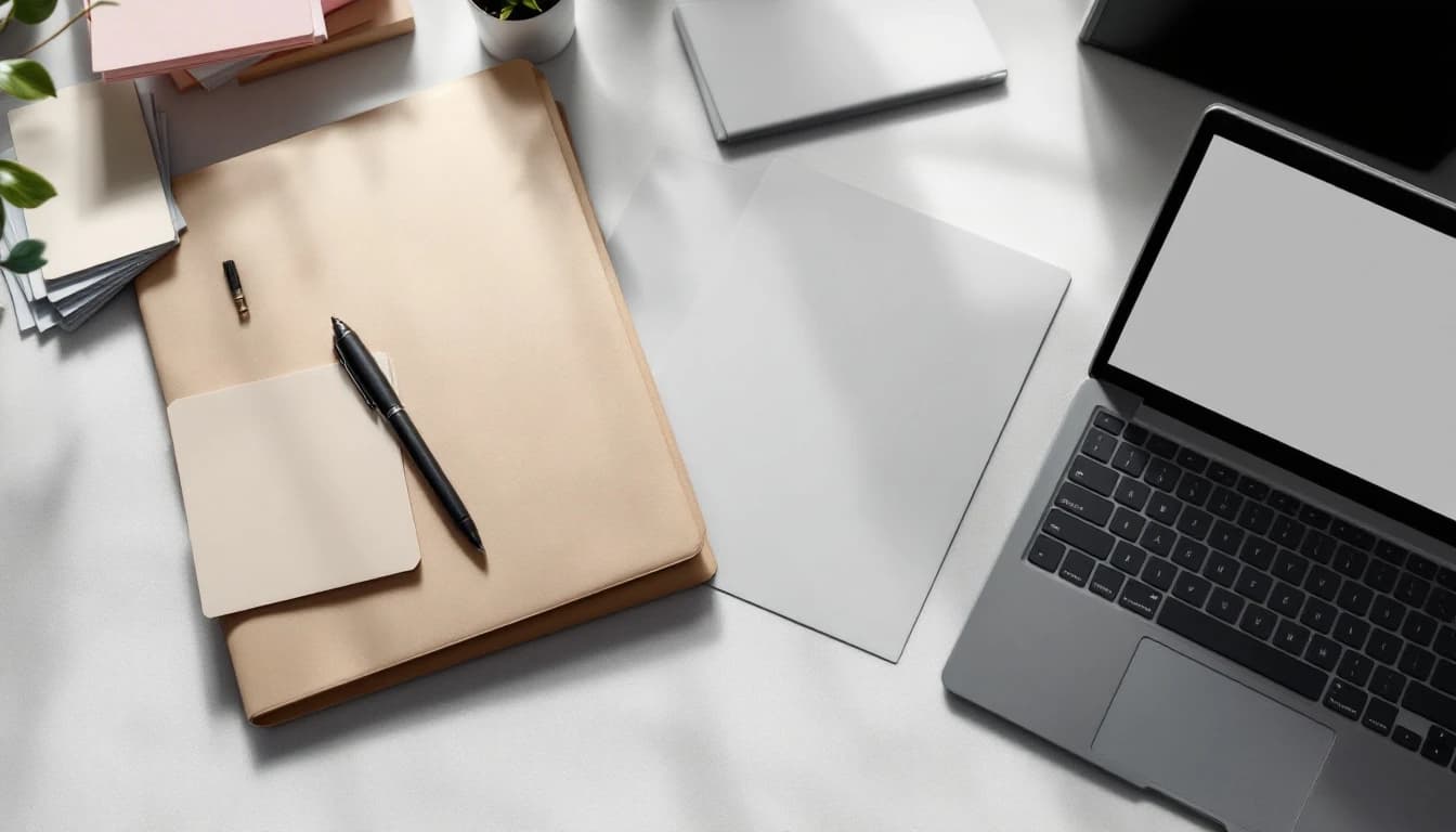An overhead view of a studio desk with a folder, blank cards, a pen and a laptop showing a blank screen