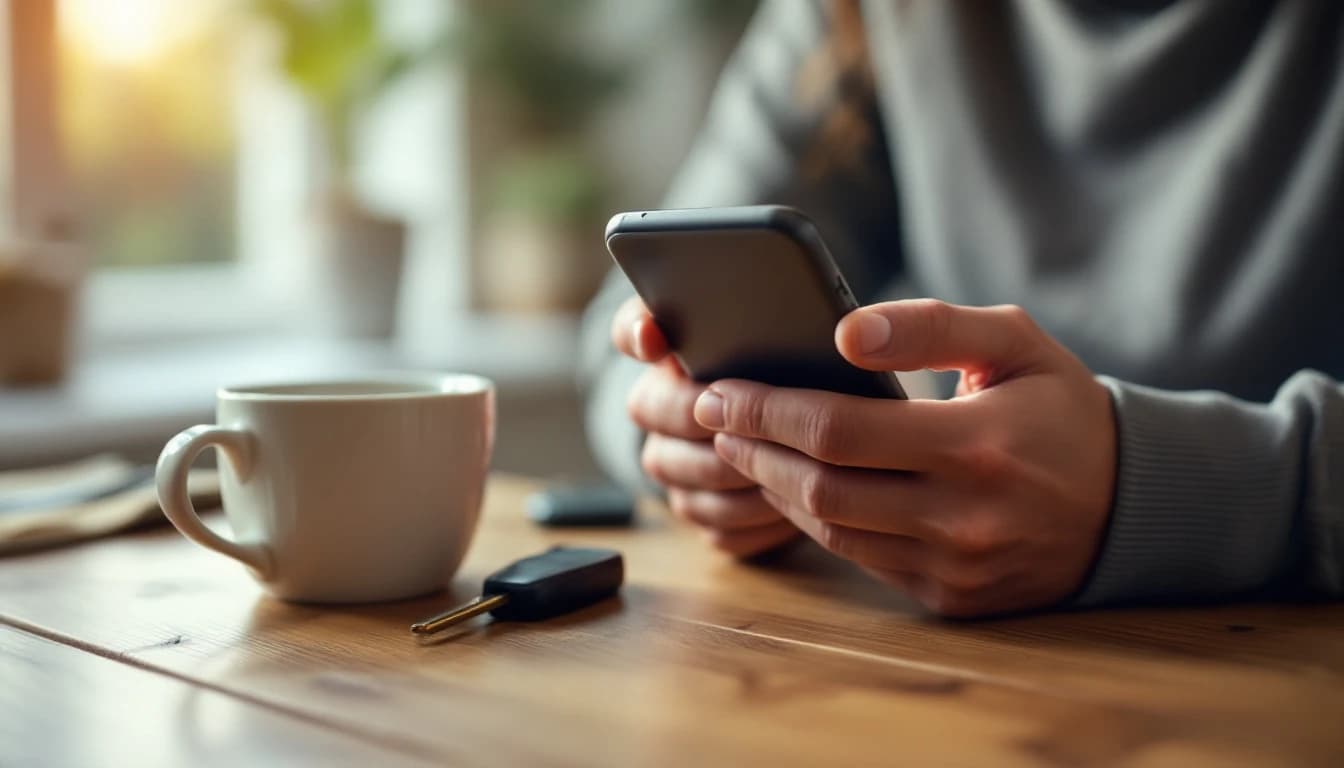 A person filling out a form on a phone while sitting at a kitchen table with a coffee