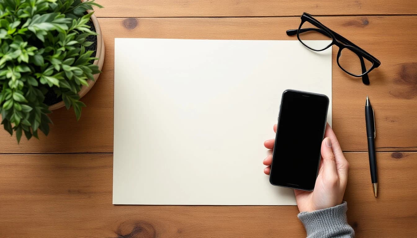 Overhead view of a hand holding a phone above a blank paper form on a wooden desk, ready to scan it