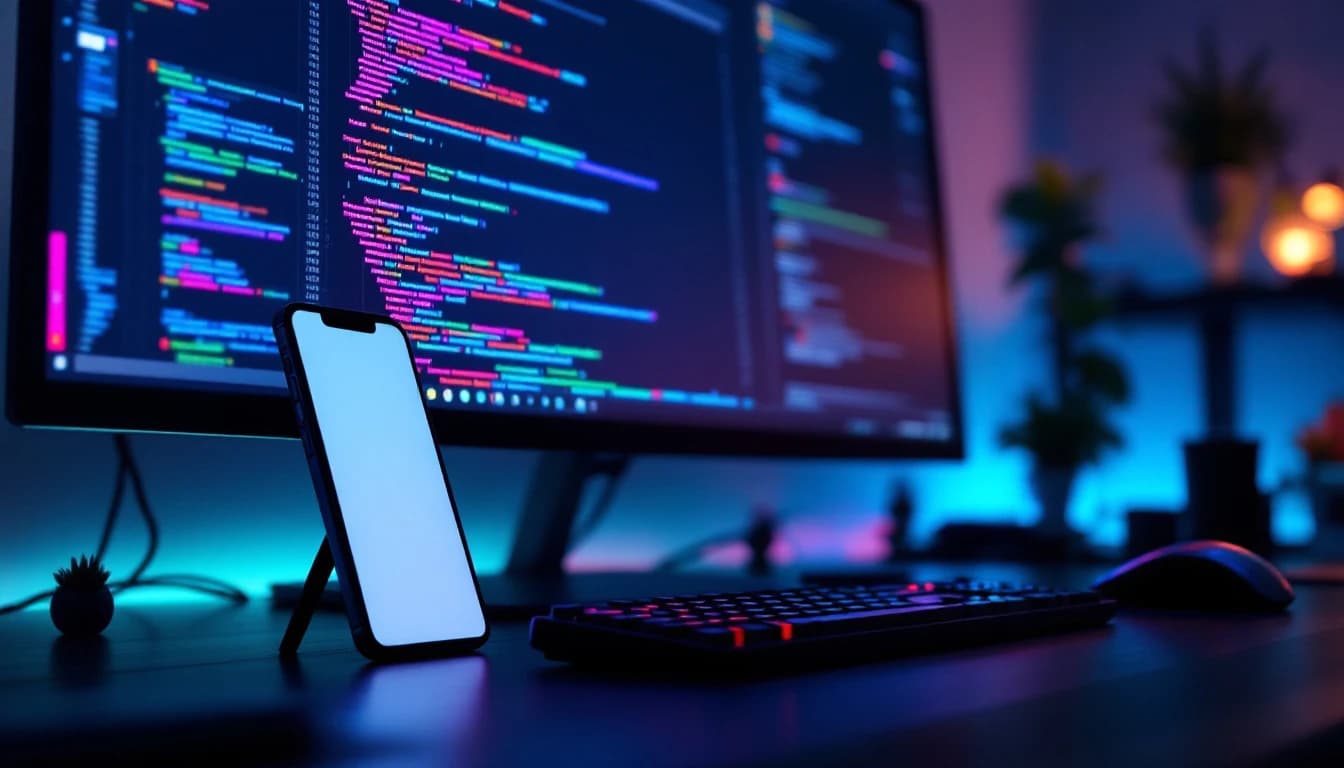 A developer workspace with code on a monitor and a phone showing a submitted contact form