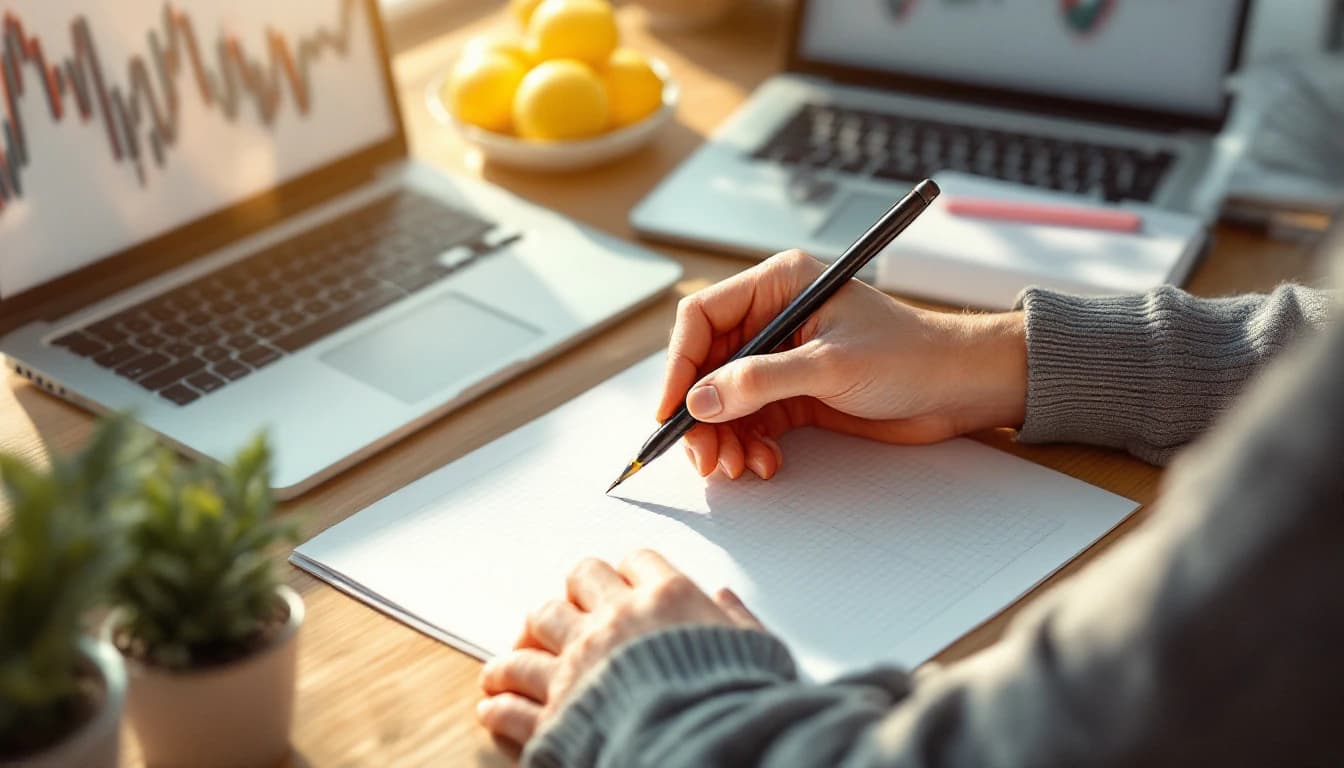 A person sketching on graph paper at a sunlit desk between two open laptops