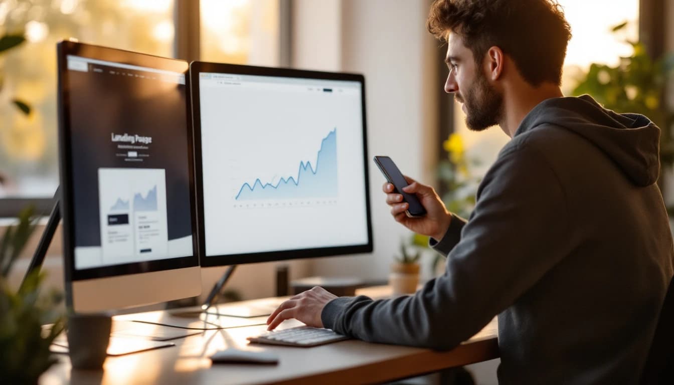 A marketer reviewing a landing page mockup and a rising conversion chart across two screens