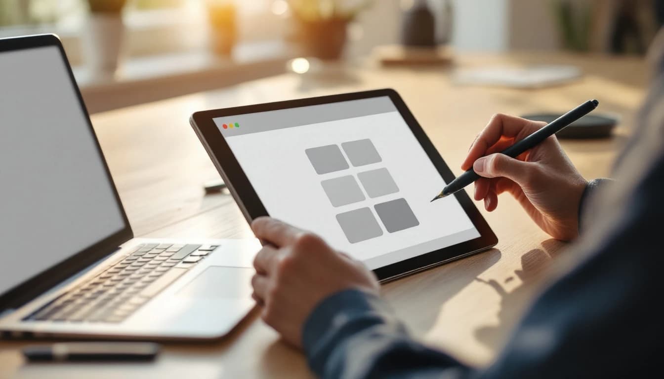 A designer sketching a short form layout on a tablet beside a laptop in warm afternoon light