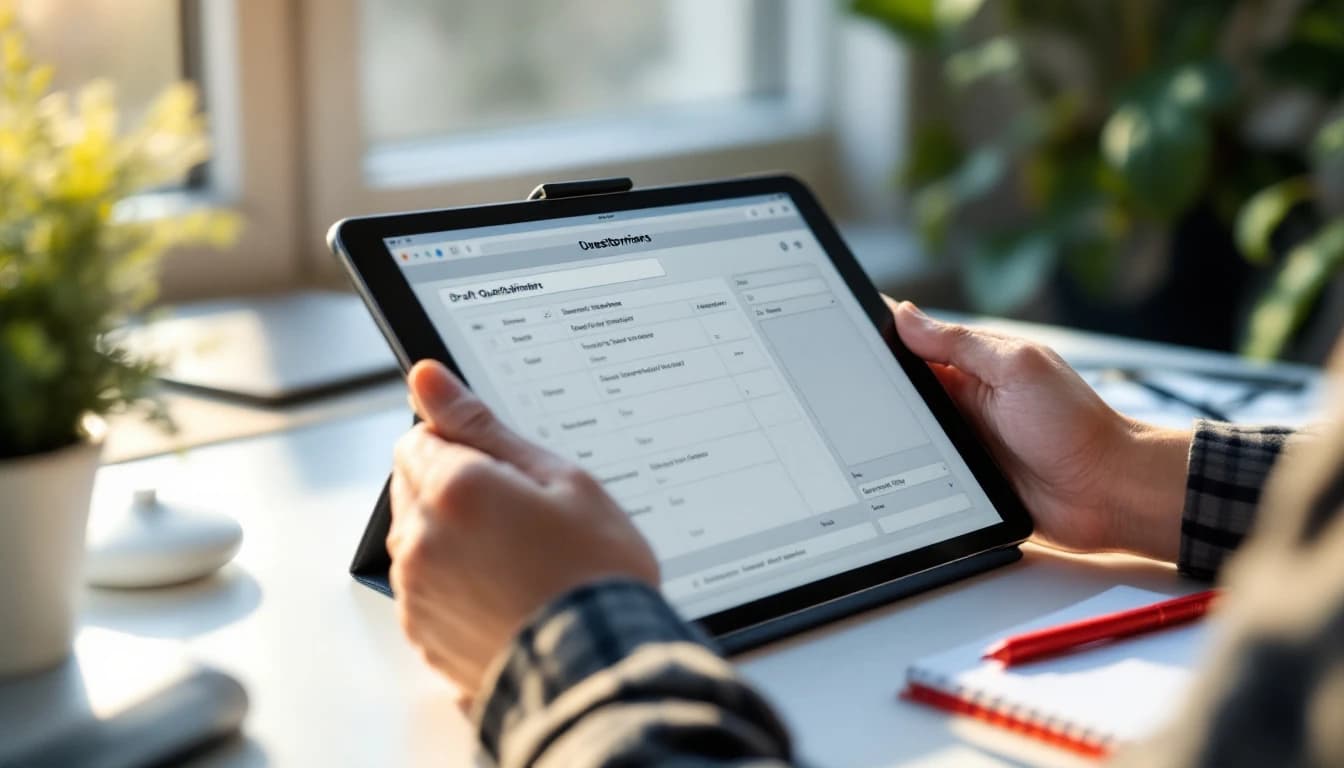 A designer reviewing a draft questionnaire on a tablet beside handwritten notes