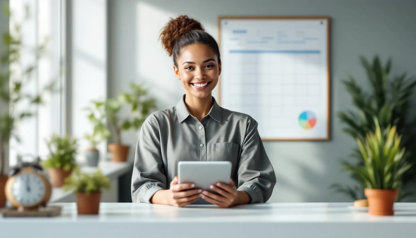A receptionist at a clinic front desk holding a tablet, with a wall planner behind her