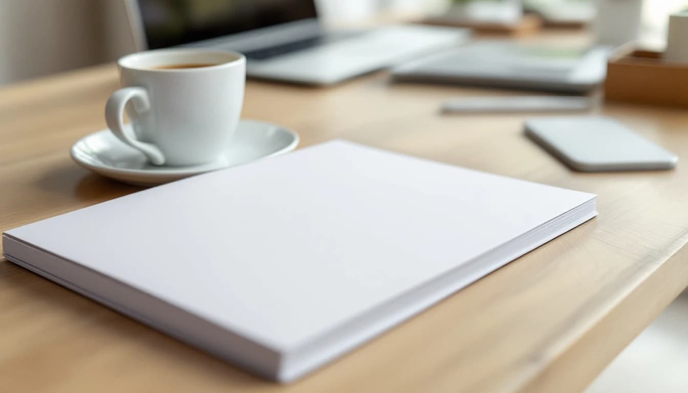 A slim printed guide lying on a pale wooden table beside a coffee cup and a laptop in morning light