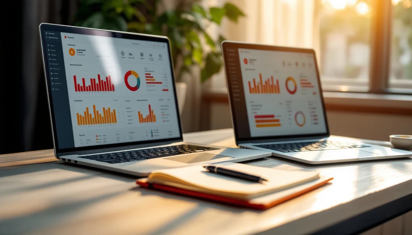 A desk with two laptops side by side comparing form builder dashboards in warm afternoon light