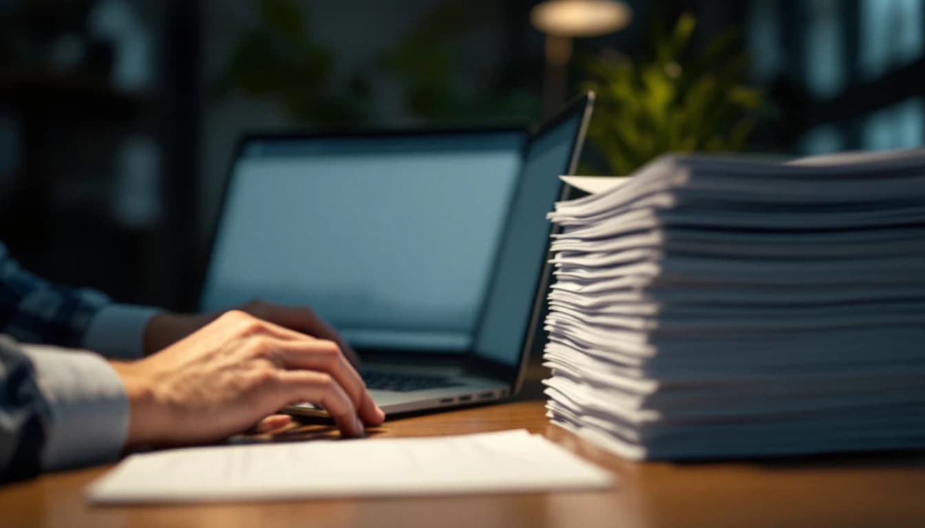 Hands typing at a laptop beside a tall stack of printed paper sheets in a dim evening office