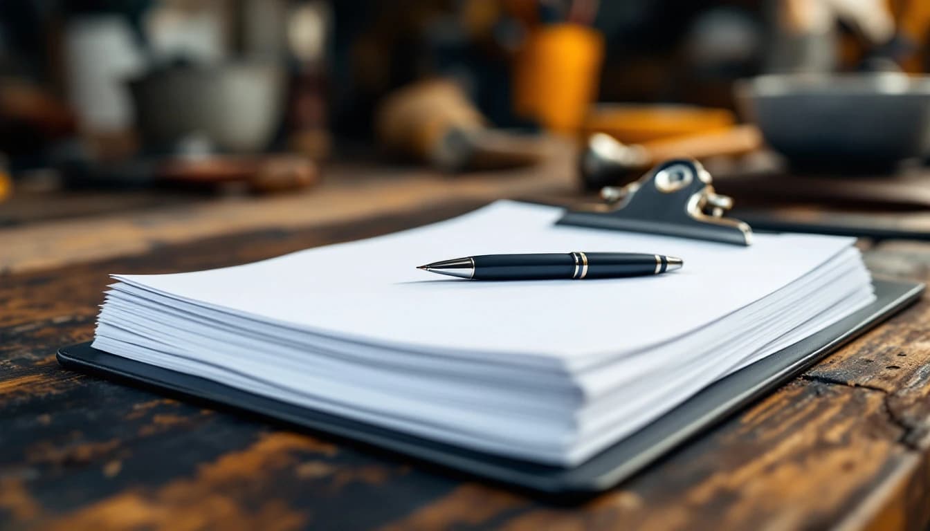 A stack of printed pages clipped to a metal clipboard with a pen on top, resting on a workshop bench