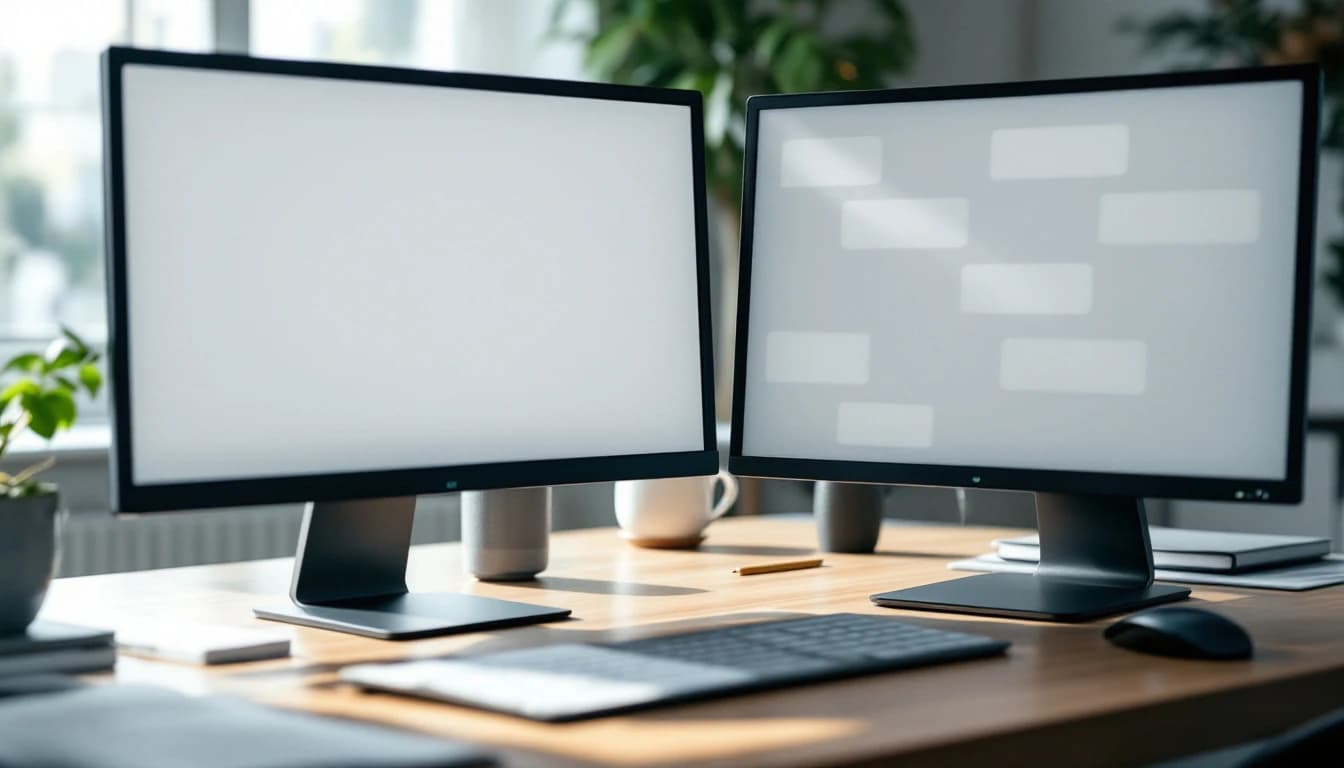 Two desktop monitors side by side on a bright desk, one blank and one showing plain placeholder message shapes