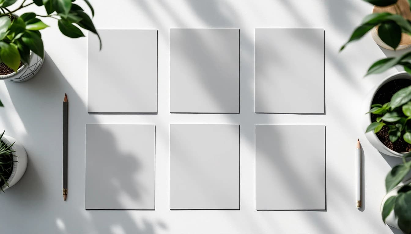 Six blank paper prototype cards laid out in two rows on a white studio surface with a pencil beside them