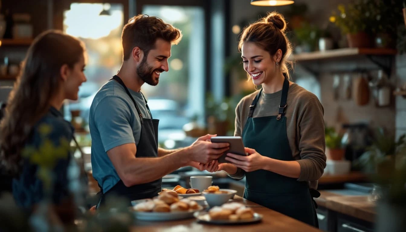 A cafe owner handing a tablet across the counter to a smiling customer