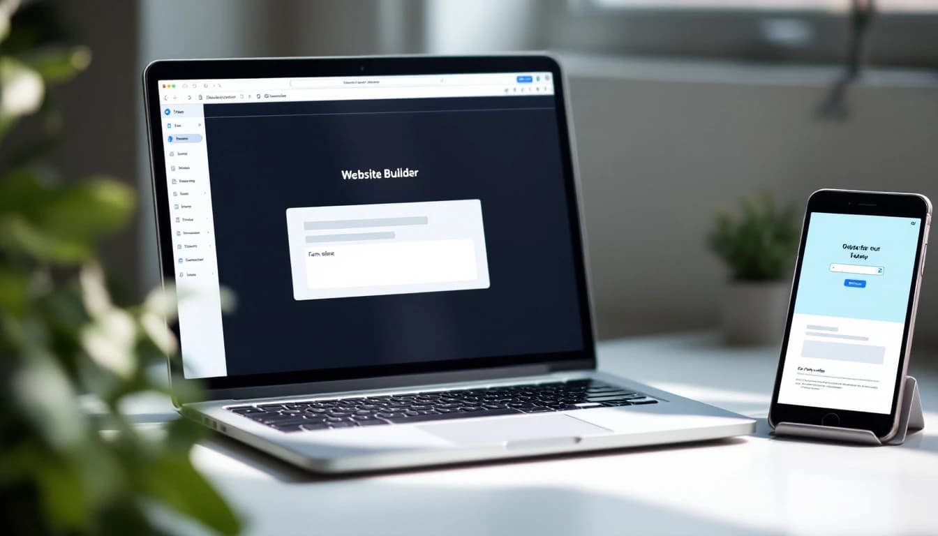 A laptop showing a website builder interface with an embedded form block on a tidy desk