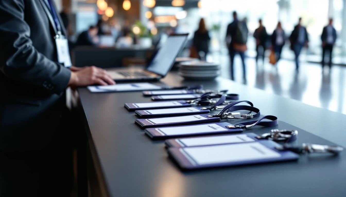 A conference check-in desk with blank name lanyards laid out and an attendant behind it