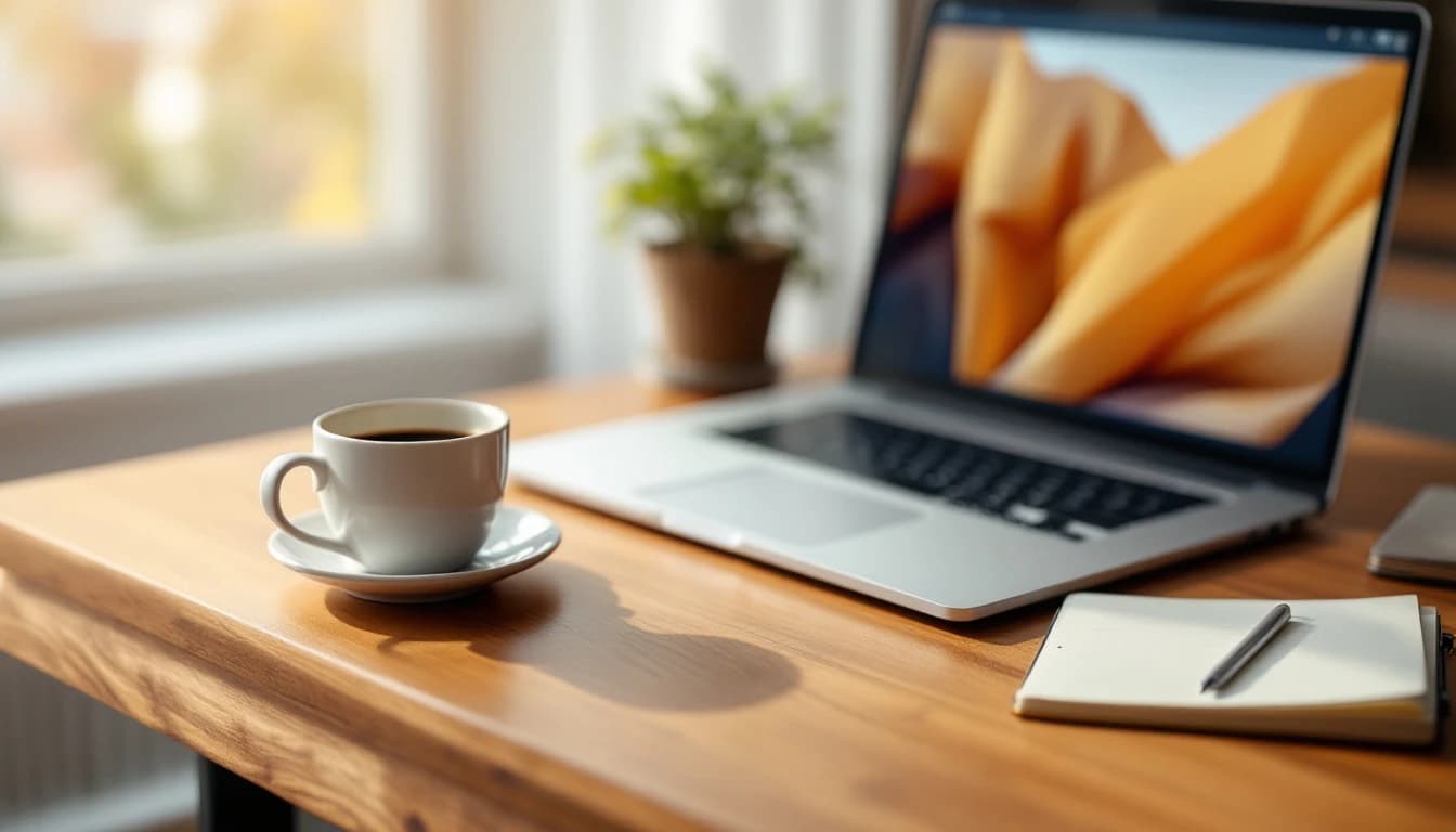 A laptop, a paper notebook with a pen and a cup of coffee on a wooden desk beside a bright window