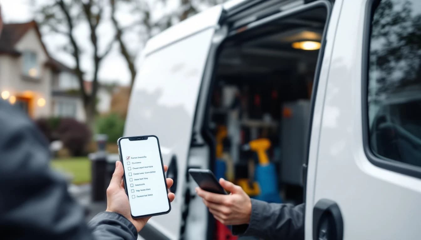 A technician holding a phone with a job form open beside a work van on a residential street