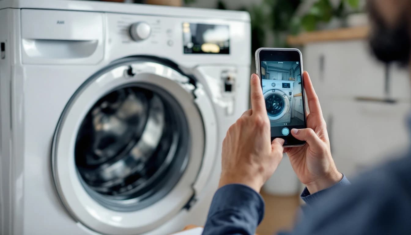 A person photographing the front of a washing machine with a smartphone in a home utility room