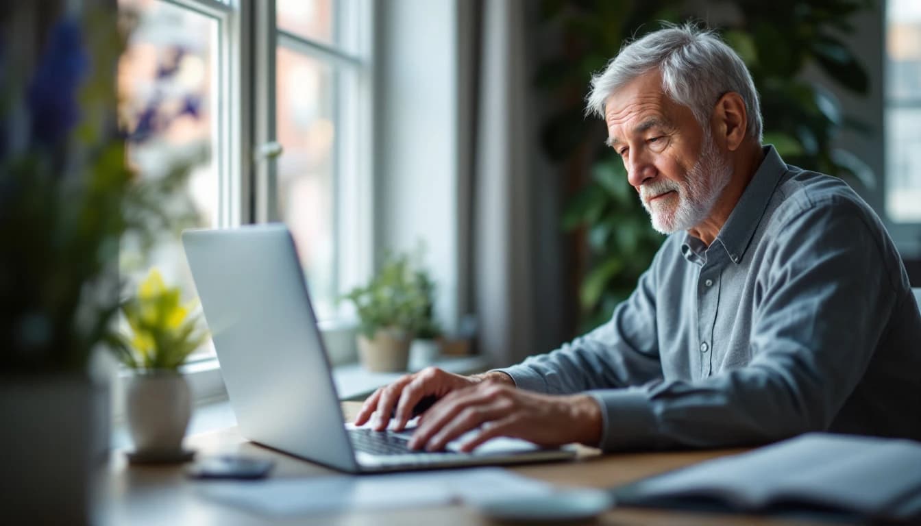An older man working at a laptop by a bright window in a home study