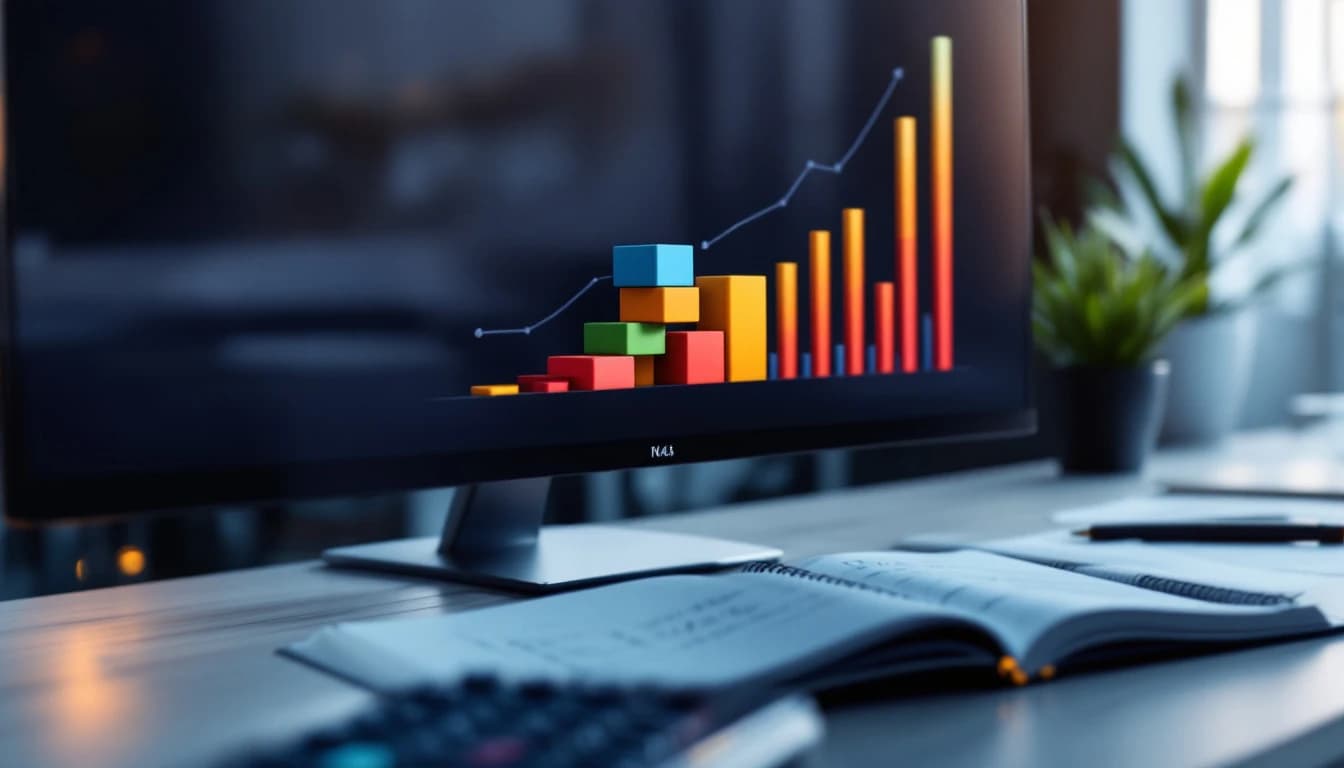 A monitor showing a simple analytics dashboard with a notebook of handwritten figures beside it