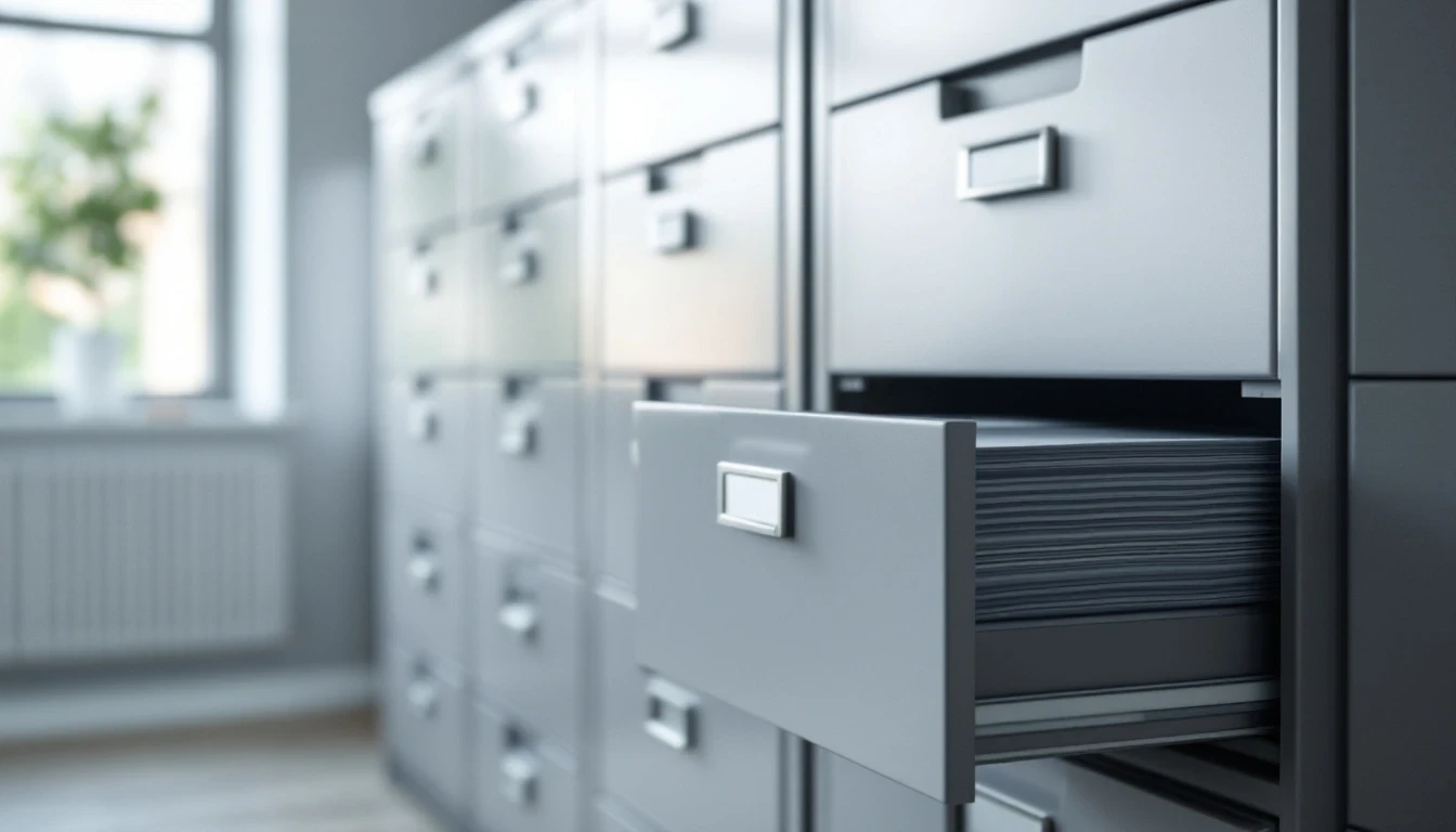 A row of grey filing cabinets in a bright office with one drawer slightly open