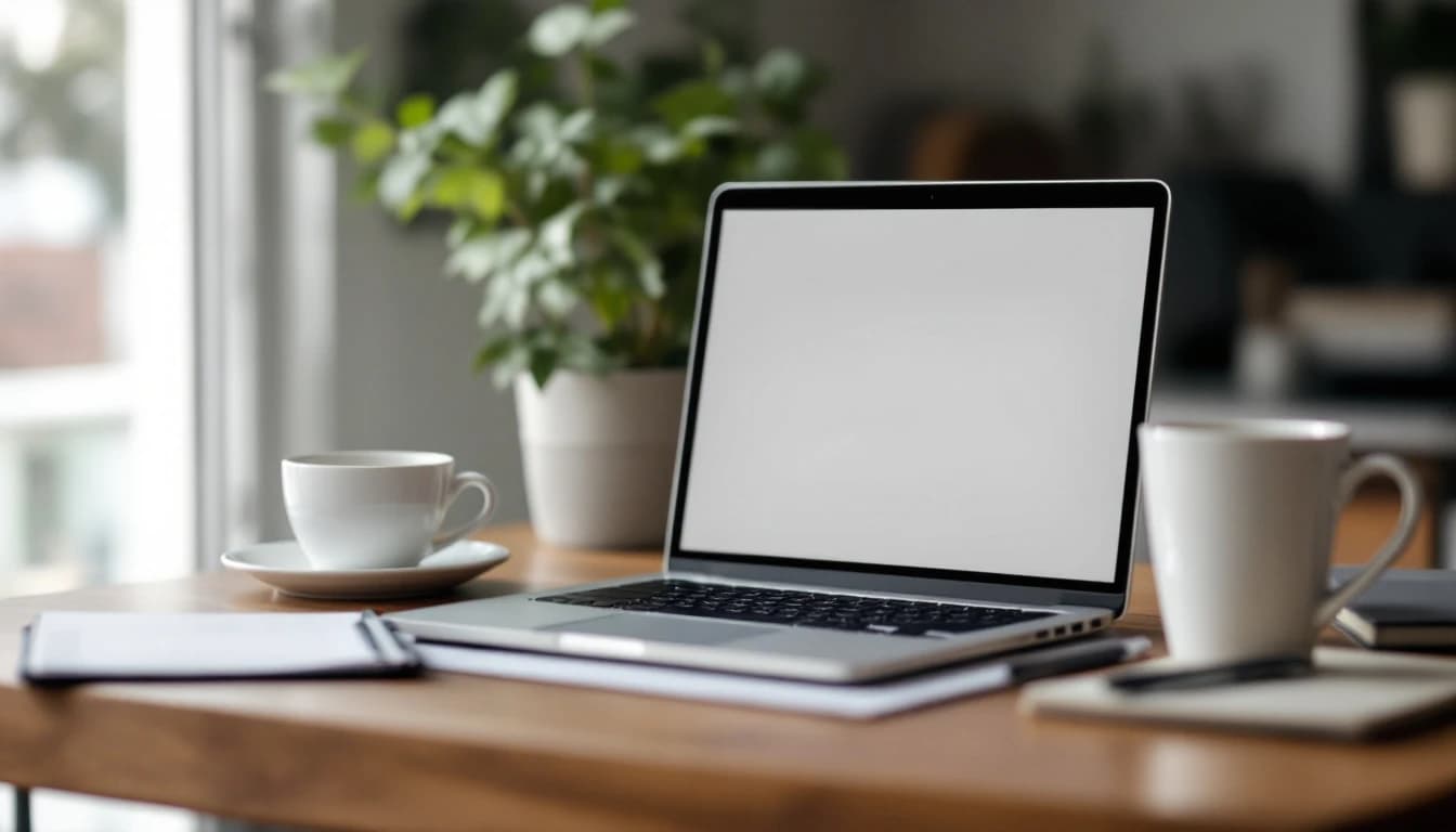 An open laptop with a blank screen on a bright kitchen table beside a notebook and a coffee cup