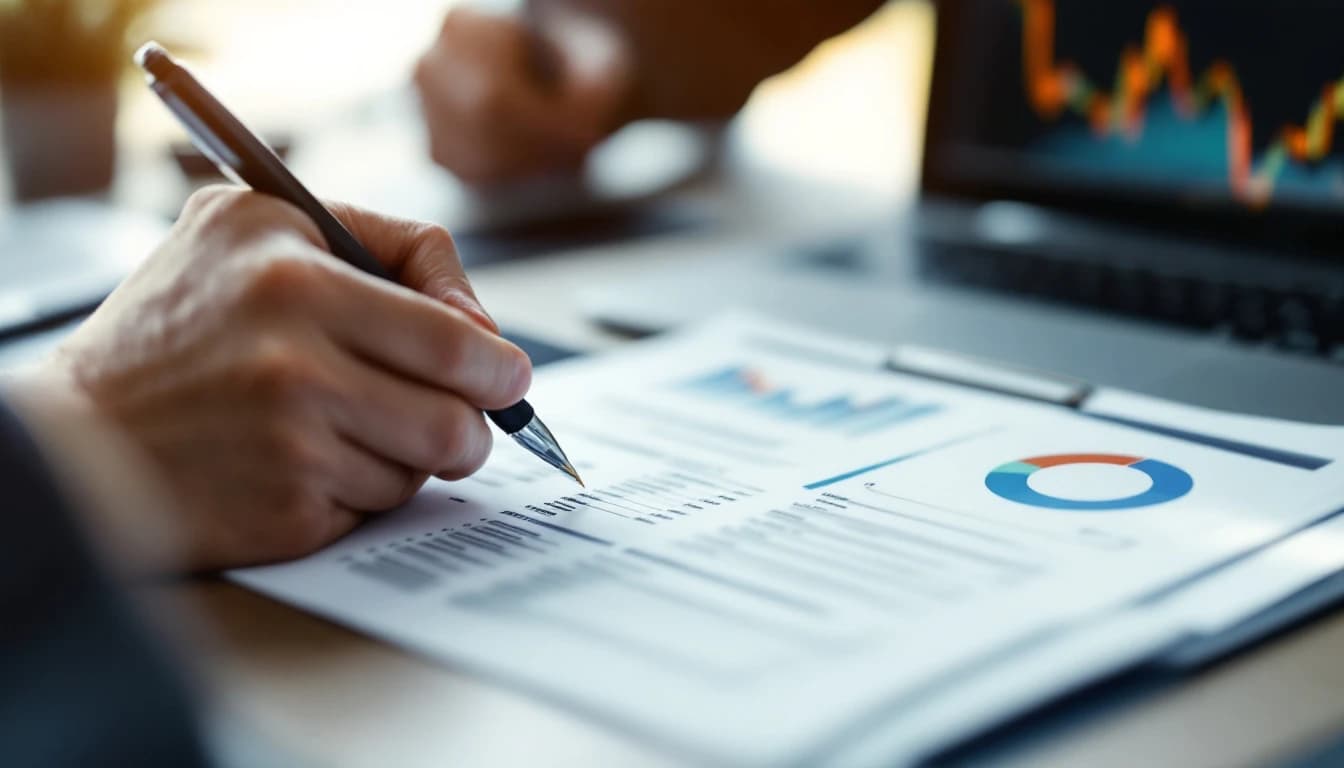 A hand holding a pen over a printed report on a desk, a laptop out of focus behind it
