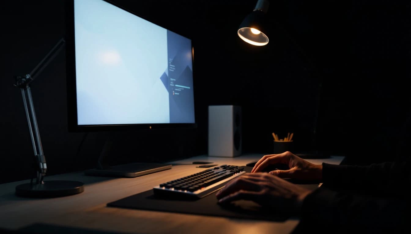 A large monitor and keyboard on a desk at night lit by a single desk lamp, hands resting on the keys