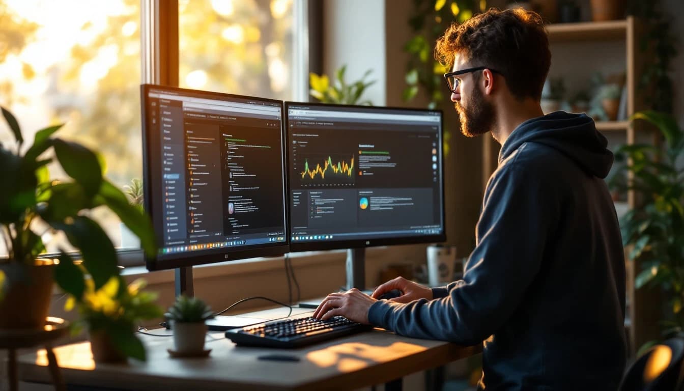 A developer working at a standing desk with two monitors in a sunlit home studio