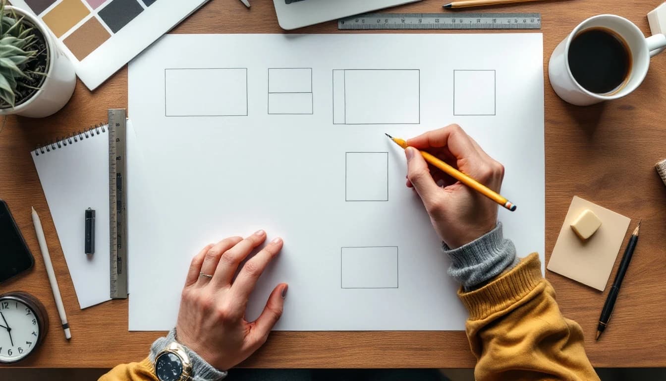 Overhead view of hands sketching wireframe boxes on paper with a pencil and ruler