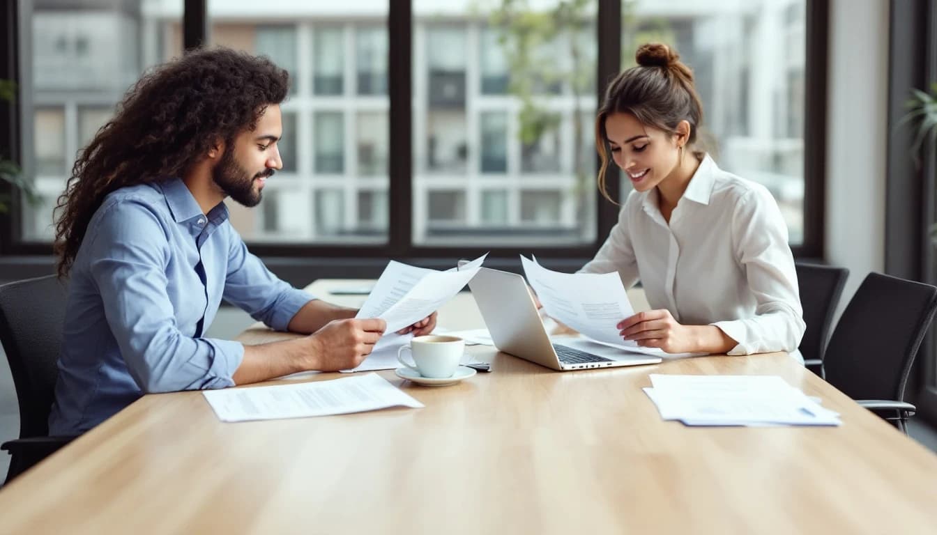 Two hiring managers reviewing printed documents at a conference table with a laptop