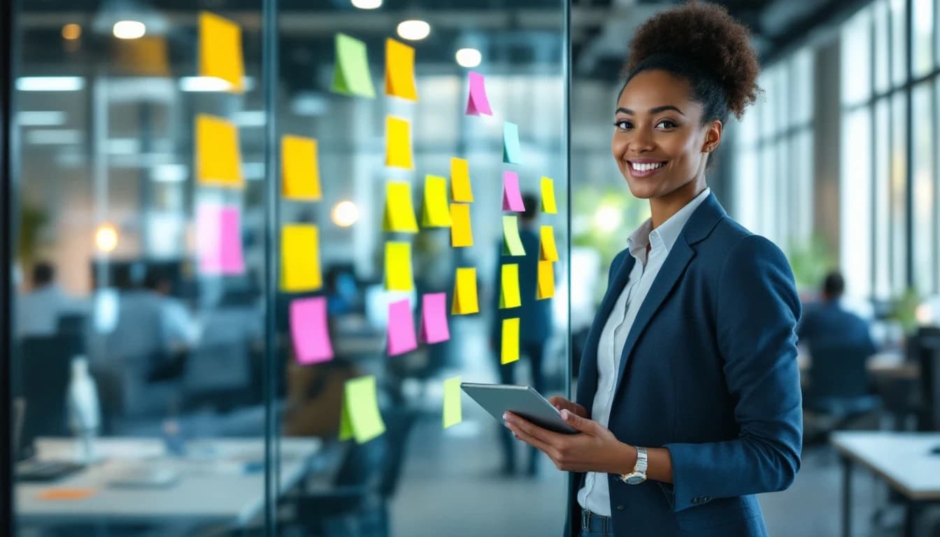 An operations coordinator holding a tablet beside a glass wall covered in coloured sticky notes