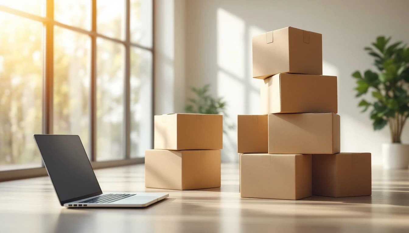 Stacked cardboard boxes and an open laptop on the floor of an empty sunlit room