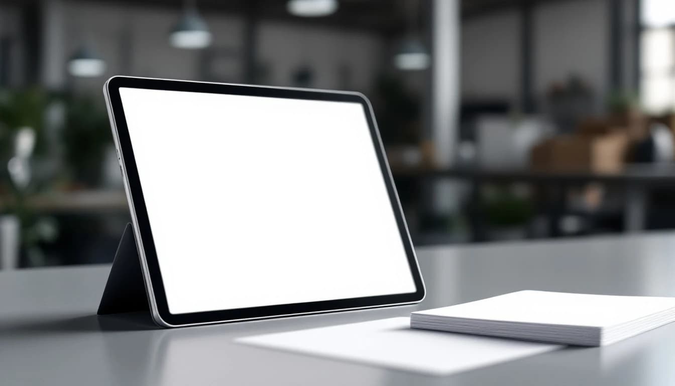 A tablet propped on a clean workshop counter with a blank screen, a stack of plain cards beside it