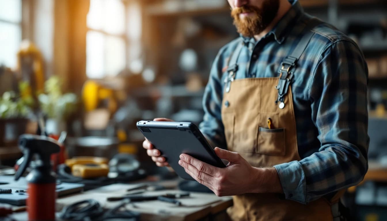 A tradesperson in a workshop holding a tablet with tools on the bench behind them