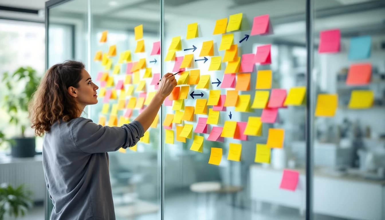 A product designer mapping a branching flow on sticky notes across a glass wall