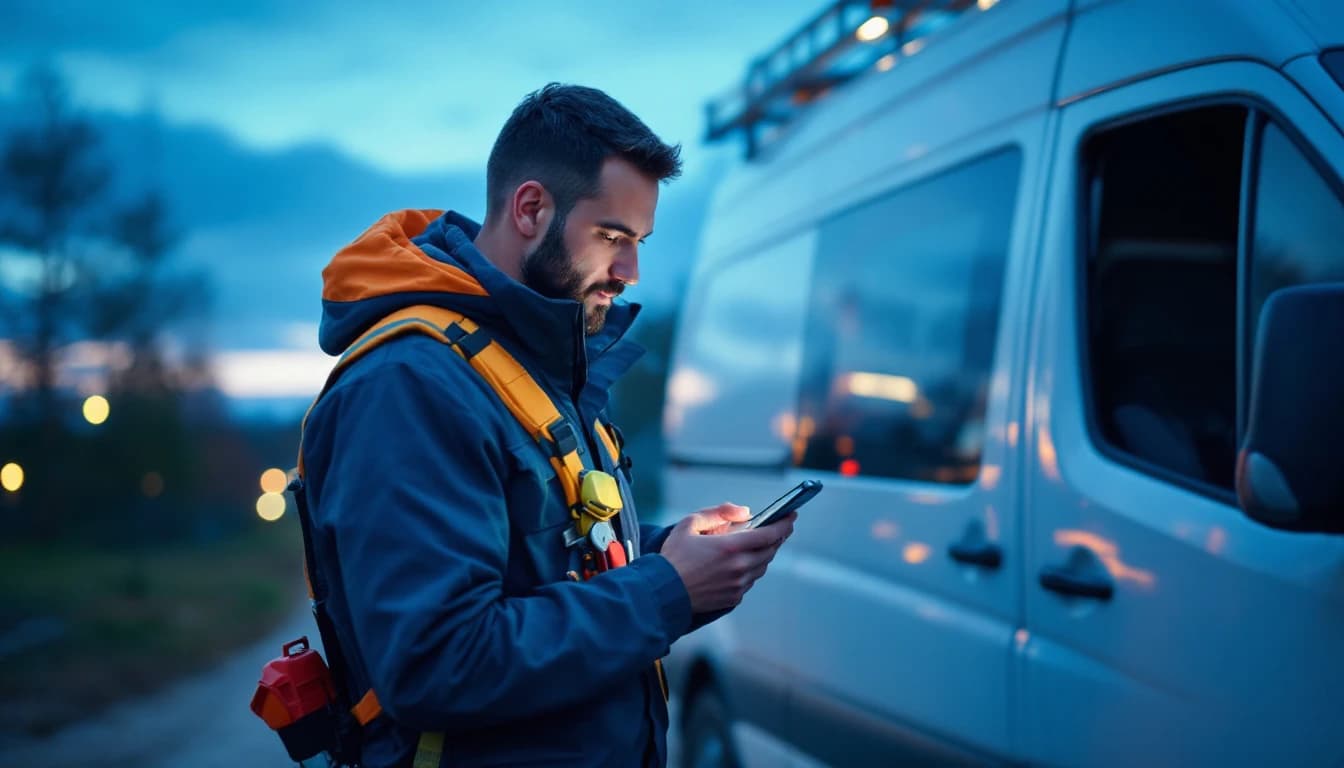 A field technician checking a phone alert beside a work van at dusk
