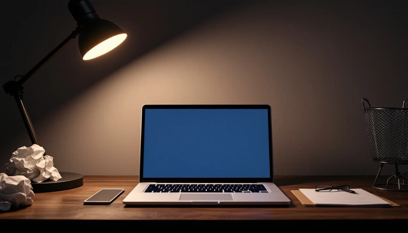 A laptop on a dark desk under a single lamp, with crumpled paper and a wastebasket nearby