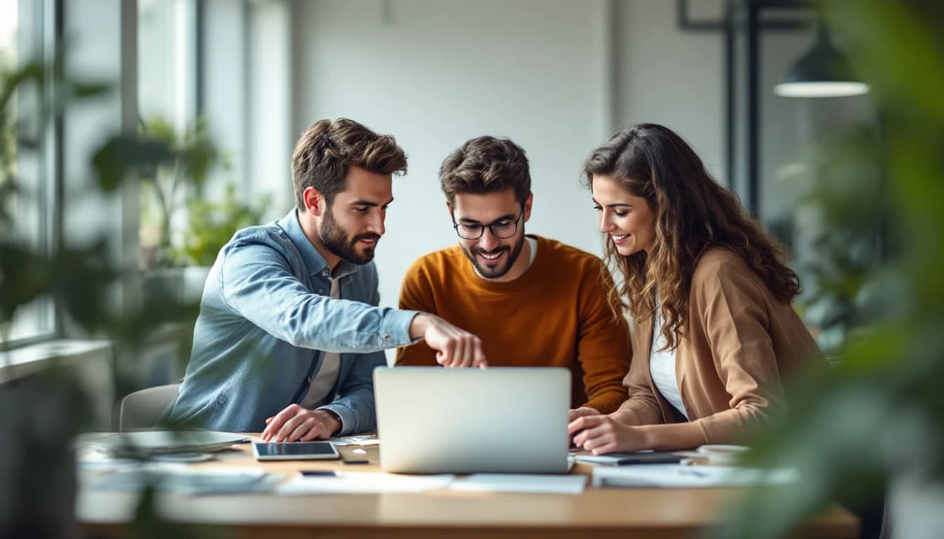 Three colleagues gathered around a laptop in a bright office, one of them pointing at the screen