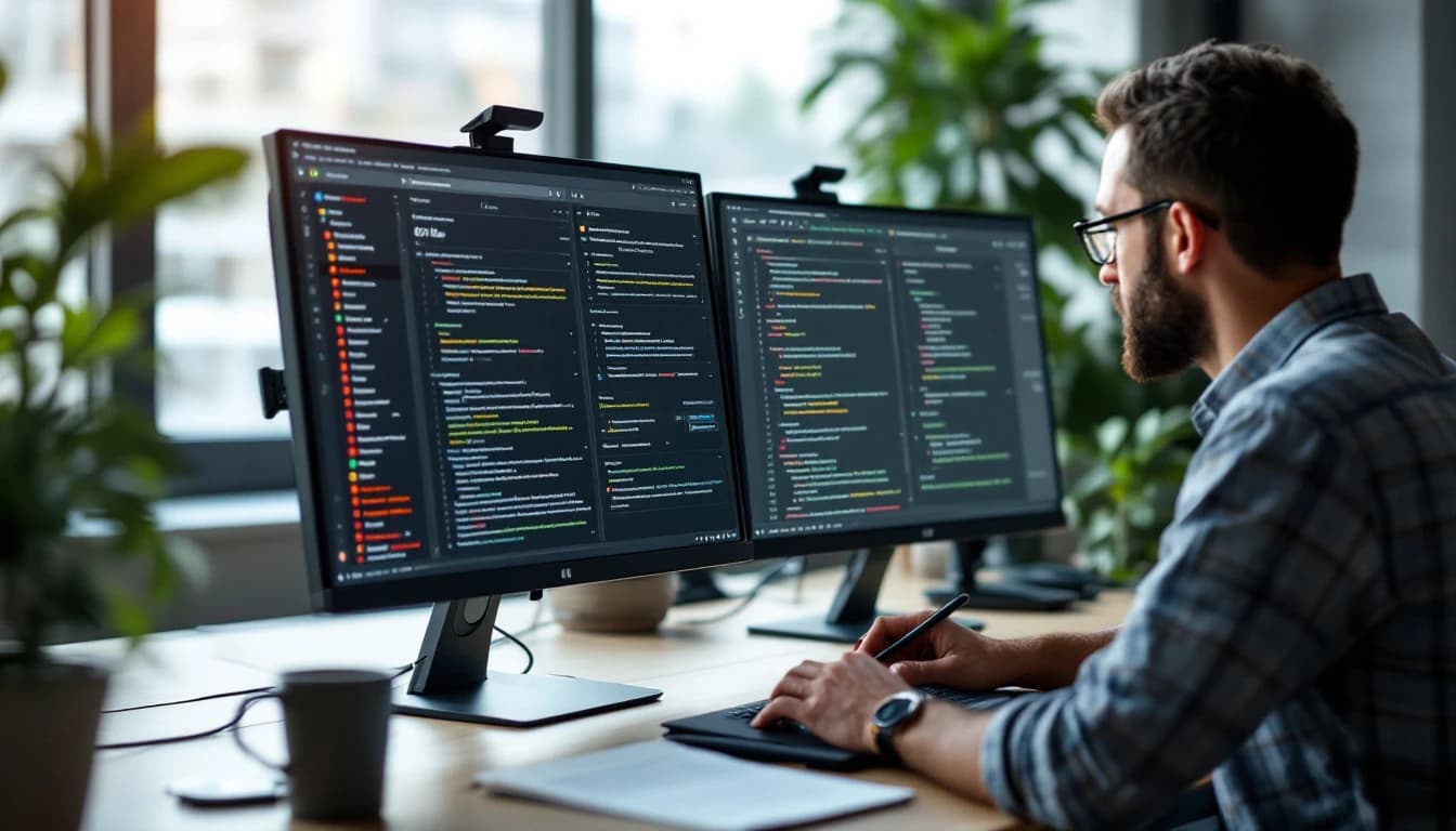 An analyst comparing software options across two monitors in a quiet office