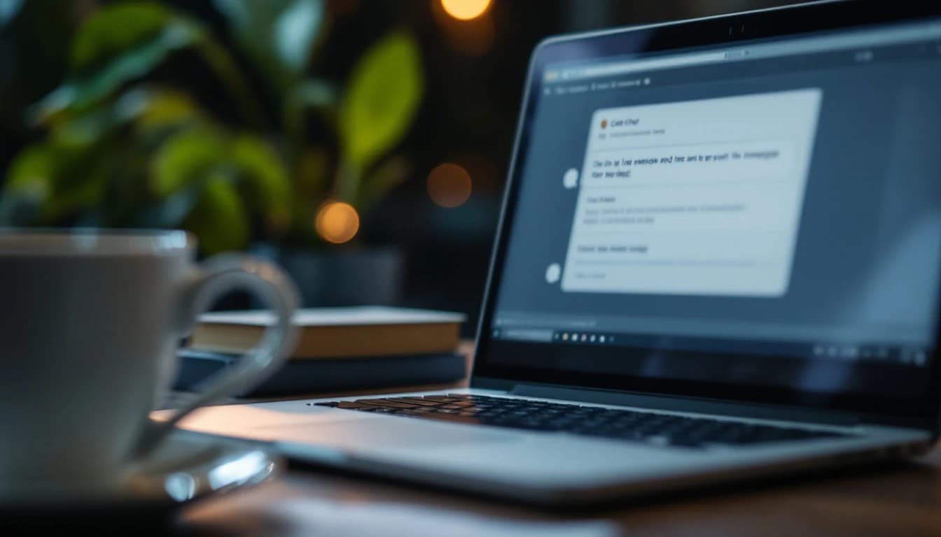 A close-up of a laptop showing a chat-style form interface in a softly lit room